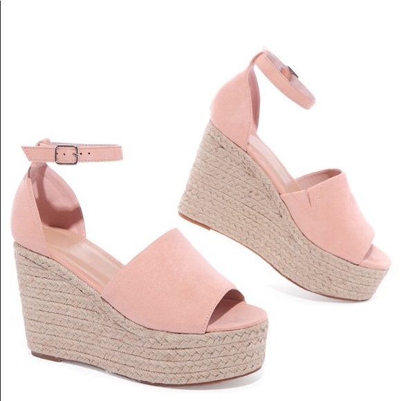 Blush Faux Suede Wedge Peep Toe Espadrille Sandals - Picture 2 of 5